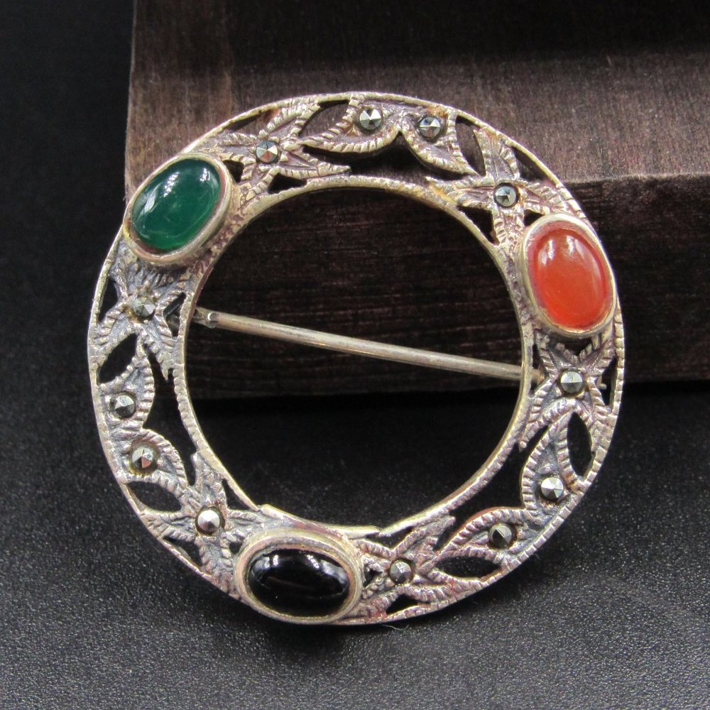 Sterling Silver Rustic Marcasite Chrysoprase Pin - image 1